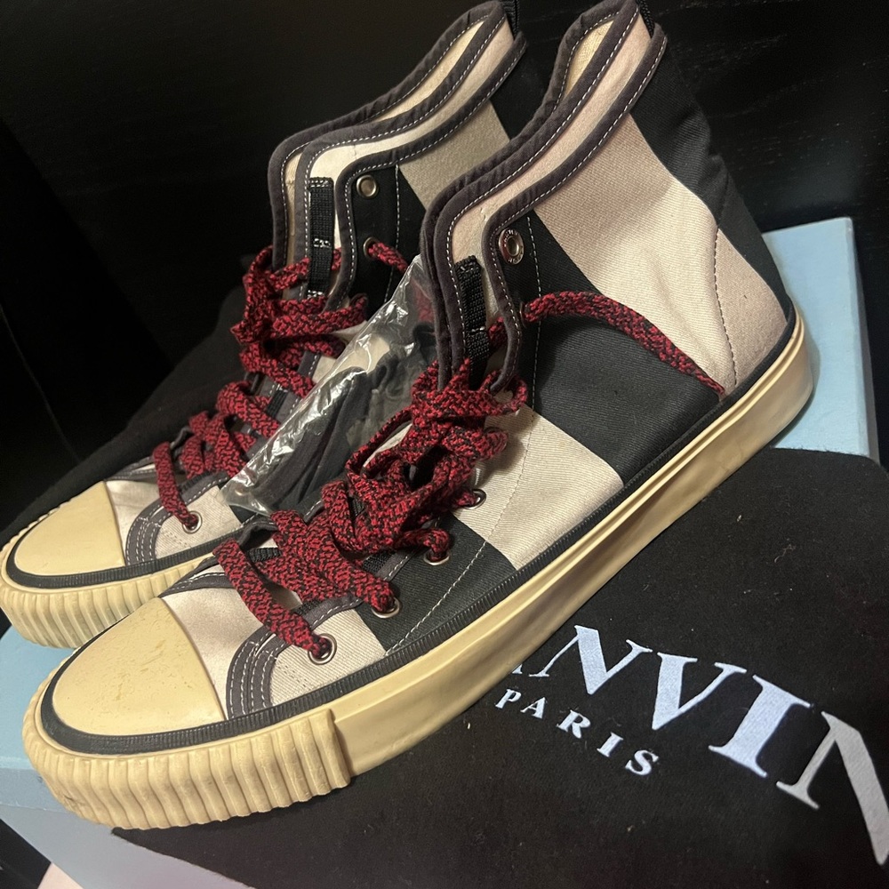 Lanvin Black and Cream High-Top Sneakers with Red Accents